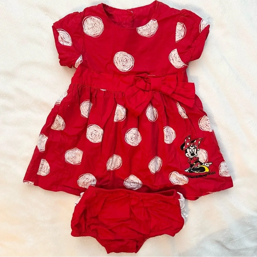 Disney Parks Minnie Mouse 2pc Outfit Red White Polka Dot Dress & Ruffle Brief 6M